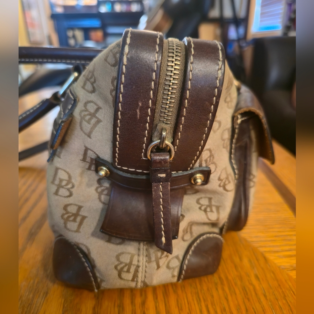 Dooney & Bourke Double Pocket w/ Locks Leather / Signature Canvas Satchel Purse - Picture 5 of 10